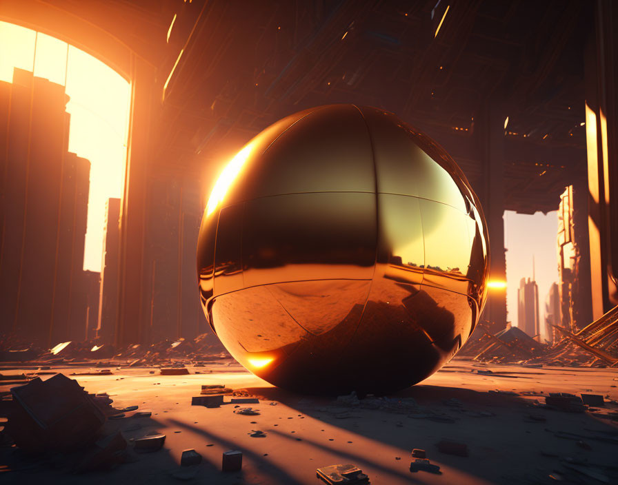 Golden Sphere in Dystopian Cityscape with Sunlit Arches