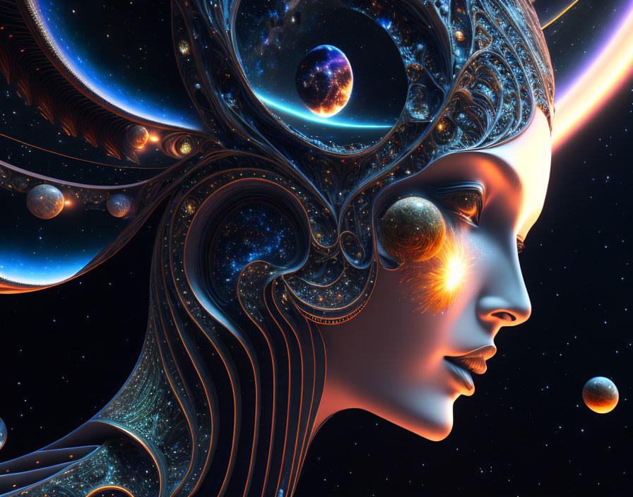 Cosmic-themed digital artwork of female figure with planets, stars, and glowing elements