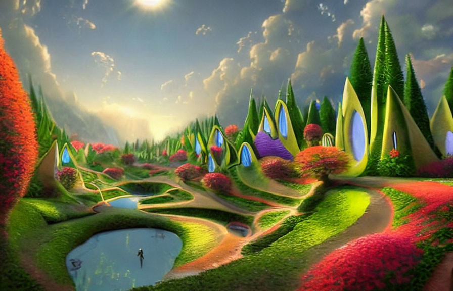 Colorful Pointed Plant-Like Houses in Whimsical Landscape