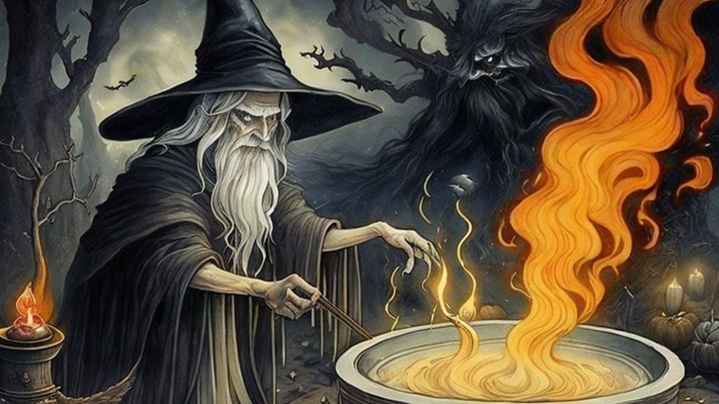 Wizard with staff and cauldron, shadowy figure in forest background.