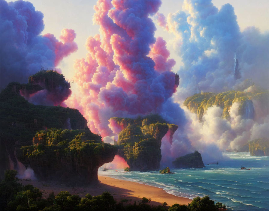 Scenic painting of cliffs, waterfalls, and beach with colorful sky