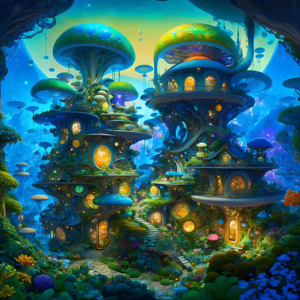 Bioluminescent underwater scene with mushroom-like structures and lush vegetation