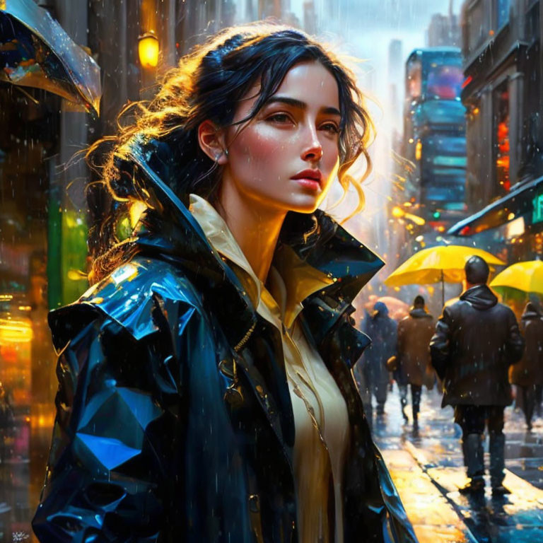 Dark-haired woman in black jacket in vibrant rainy cityscape