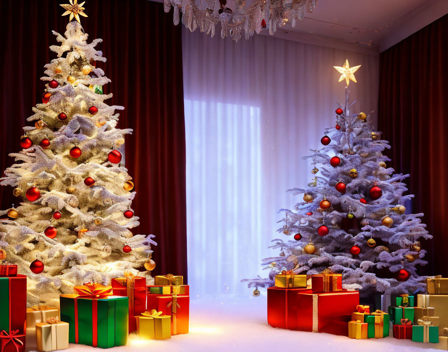 Elegantly decorated Christmas trees with red and gold ornaments and colorful gifts by a window