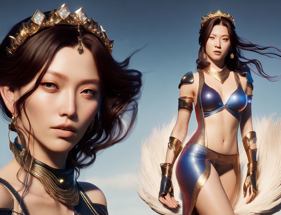 3D-rendered image of two female warriors in fantasy armor under a blue sky, one close-up