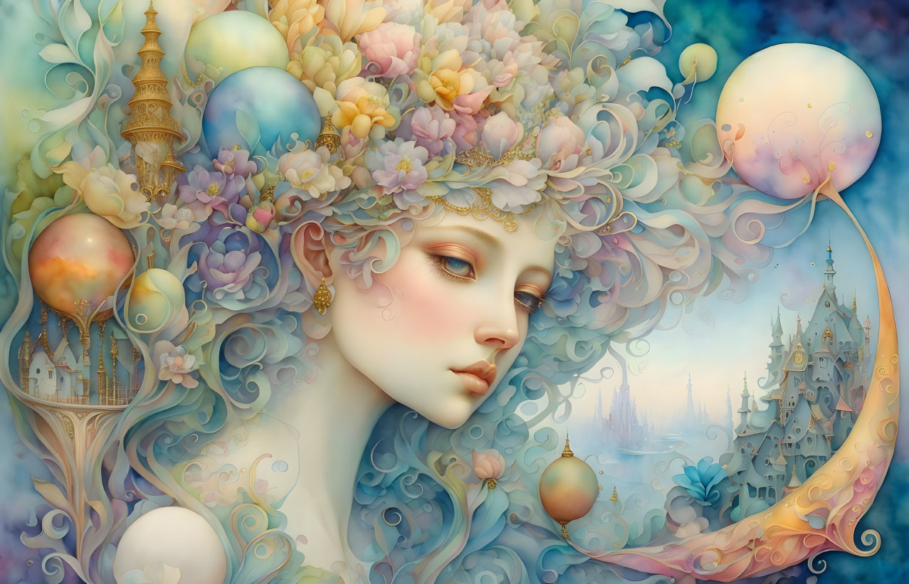 Fantasy illustration of serene female with floral hair and pastel balloons