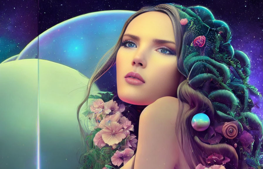 Surreal portrait of woman with floral elements and pearls in cosmic setting