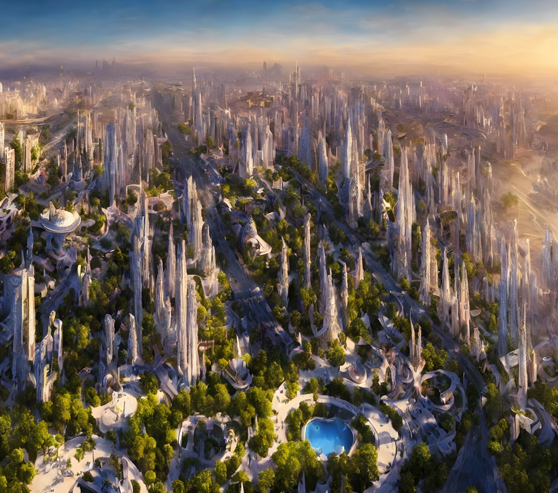 Futuristic cityscape with towering structures and lush greenery at sunset