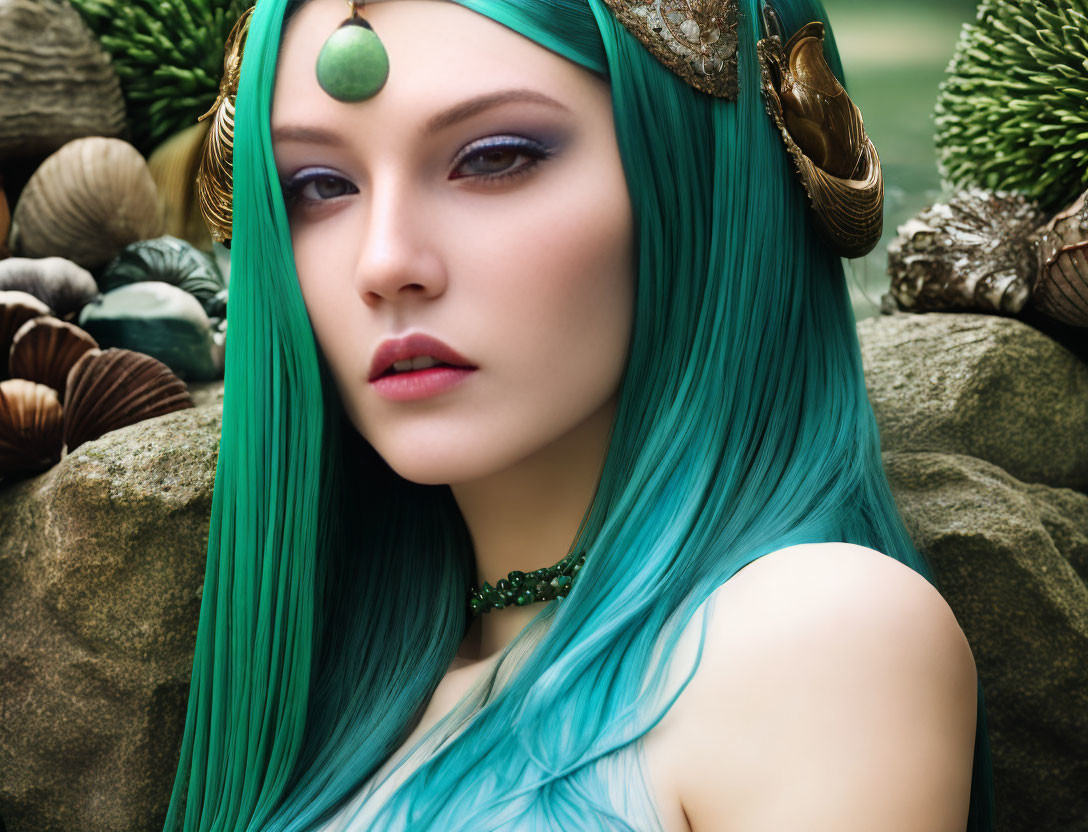 Fantasy-themed portrait of woman with turquoise hair and nature backdrop