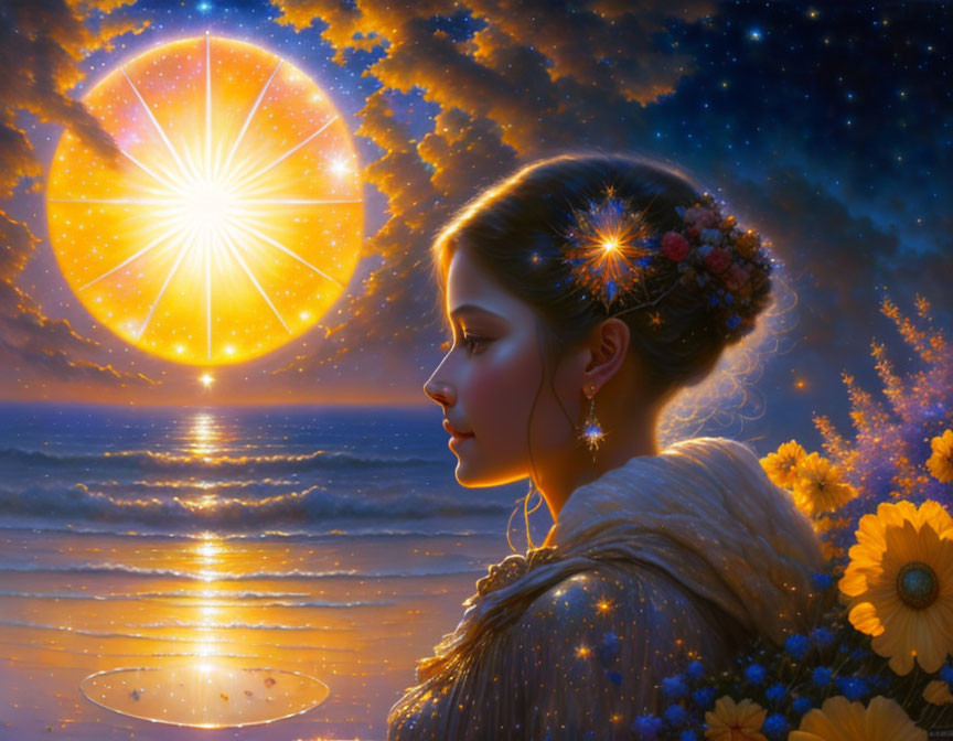 Profile of woman with flowers in hair gazing at star above sea under night sky