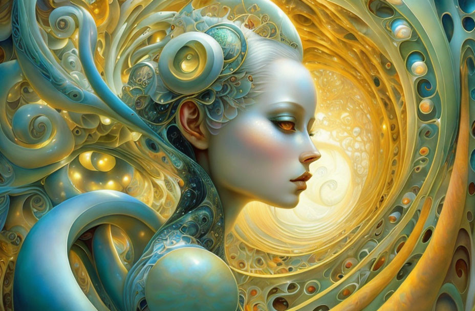 Ethereal artwork of female figure with golden swirls and jewelry