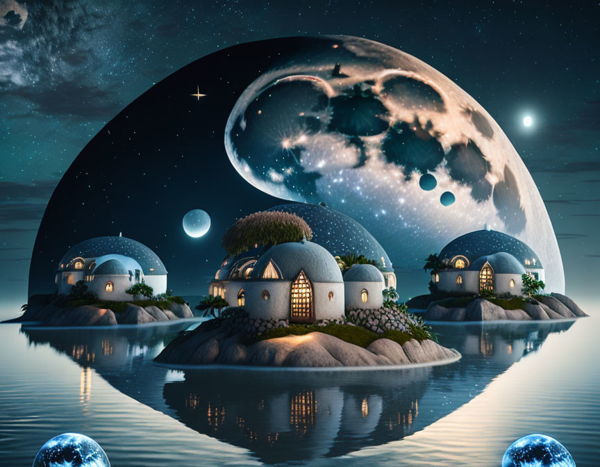 Fantasy night landscape with spherical houses, giant moon, stars, and reflections.