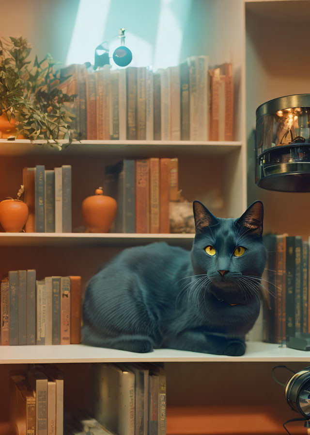 Yellow-eyed cat resting on bookshelf with books and decor under warm light