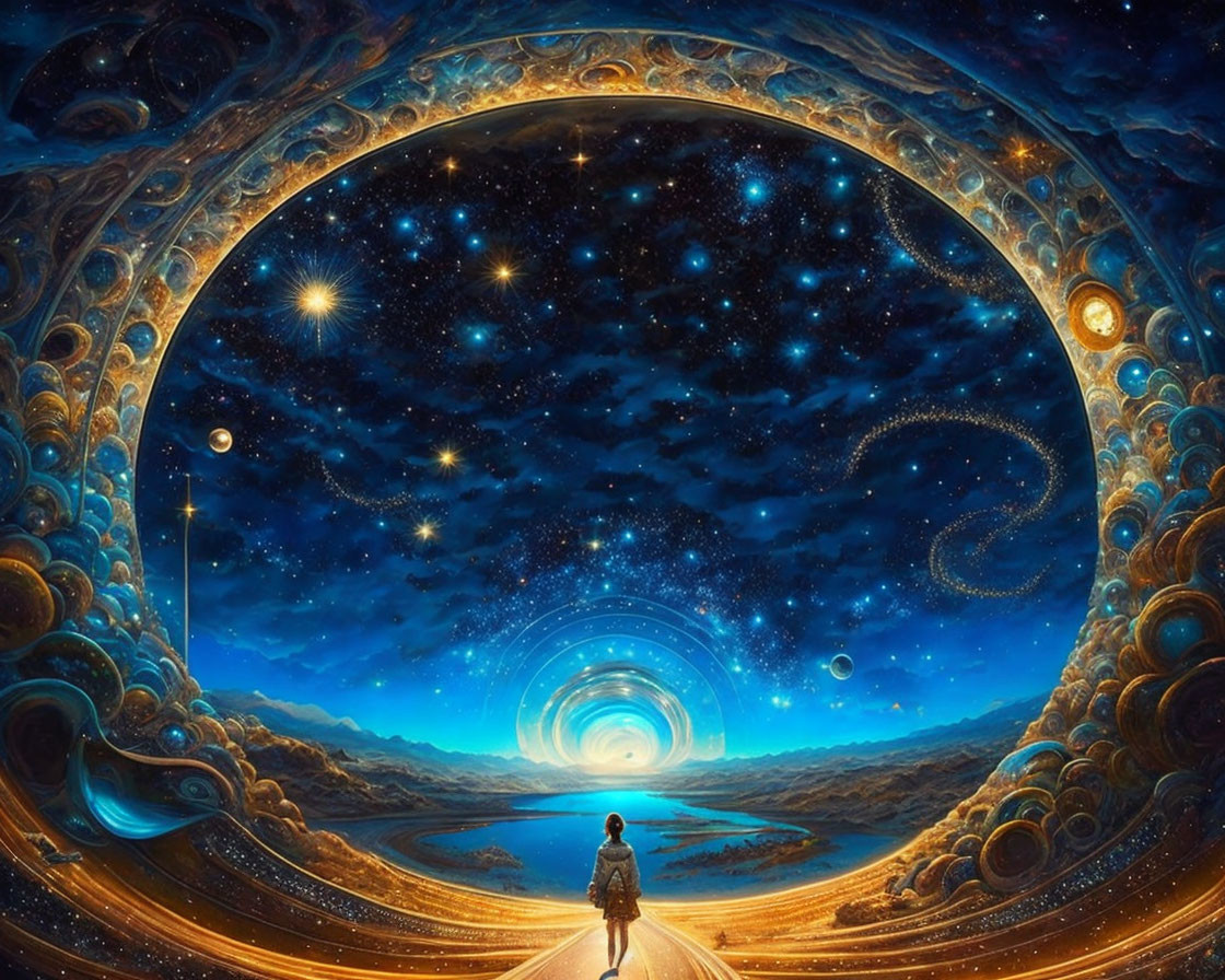 Person standing on pathway near cosmic vortex with celestial bodies and swirling galactic patterns in vibrant sky.