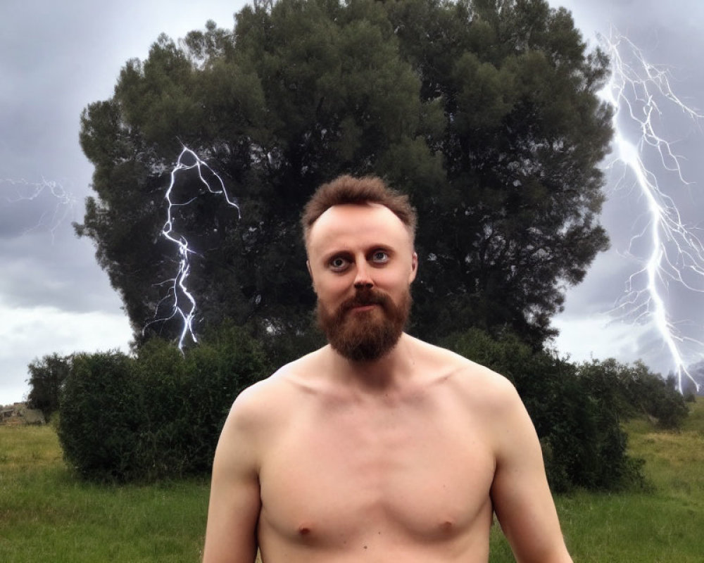 Bearded shirtless man outdoors with stormy sky and lightning