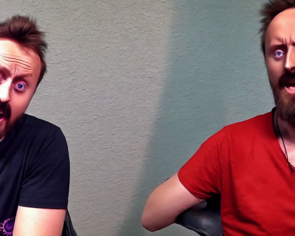 Two men with exaggerated surprised expressions in black and red t-shirts