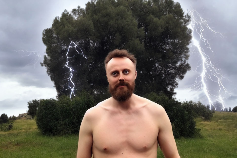 Bearded shirtless man outdoors with stormy sky and lightning