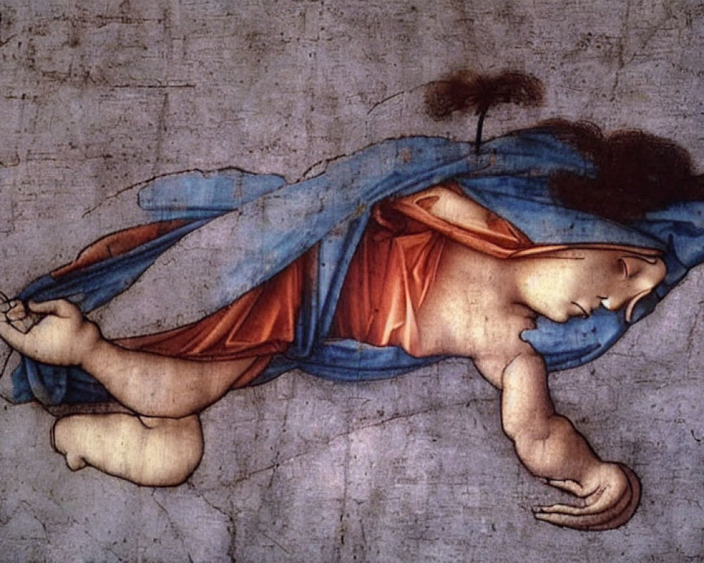 Detailed painting of angel in red dress and blue cloak, floating with serene expression.