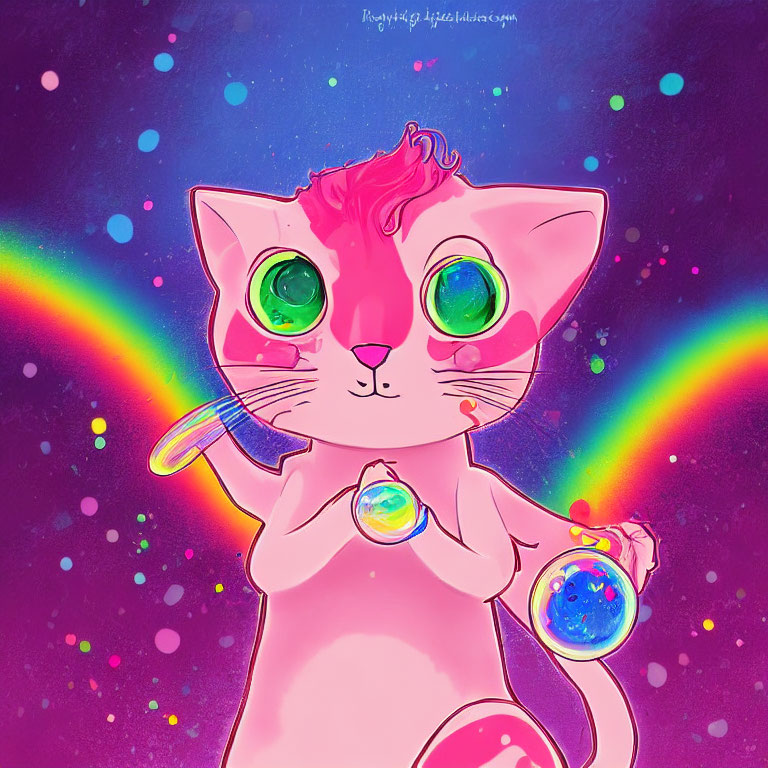 Pink cat with green eyes holds galaxy in cosmic scene