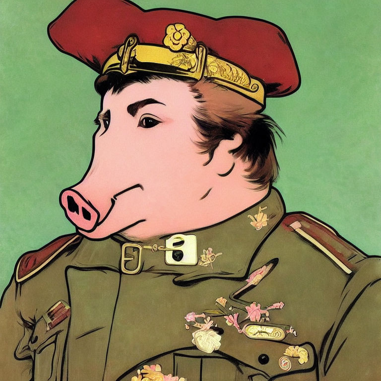 Anthropomorphic pig in military attire on green background