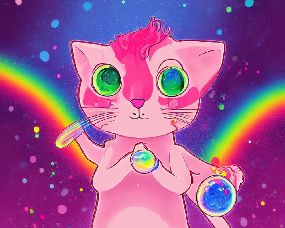 Pink cat with green eyes holds galaxy in cosmic scene