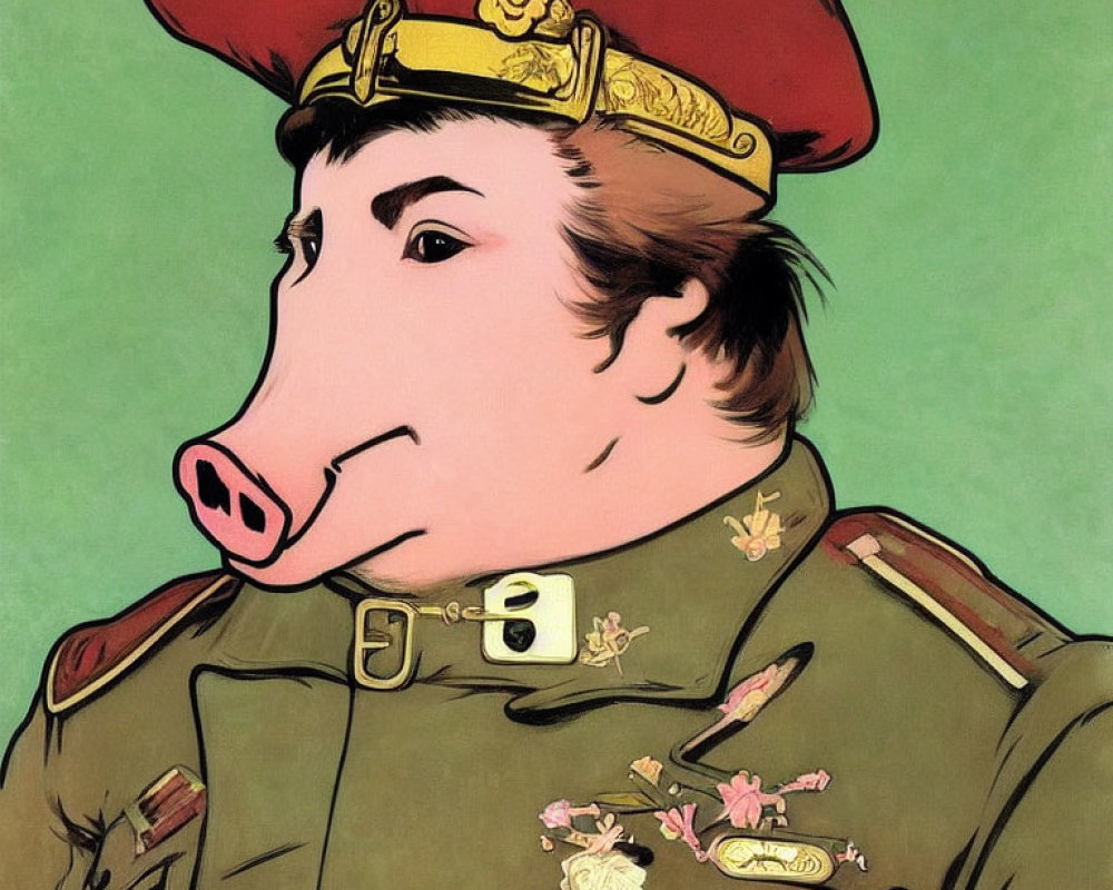 Anthropomorphic pig in military attire on green background