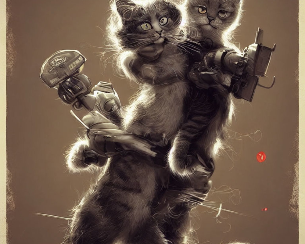 Futuristic warrior anthropomorphic cats with advanced weaponry stand together