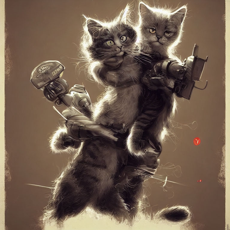 Futuristic warrior anthropomorphic cats with advanced weaponry stand together