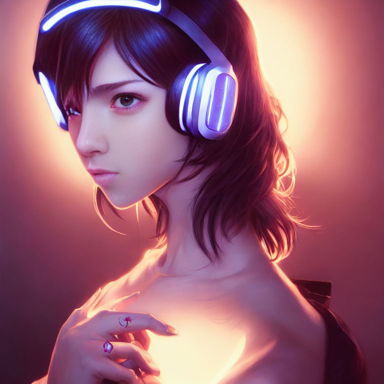 Digital artwork of woman with glowing headphones in neon lights, dark hair, and contemplative expression on warm