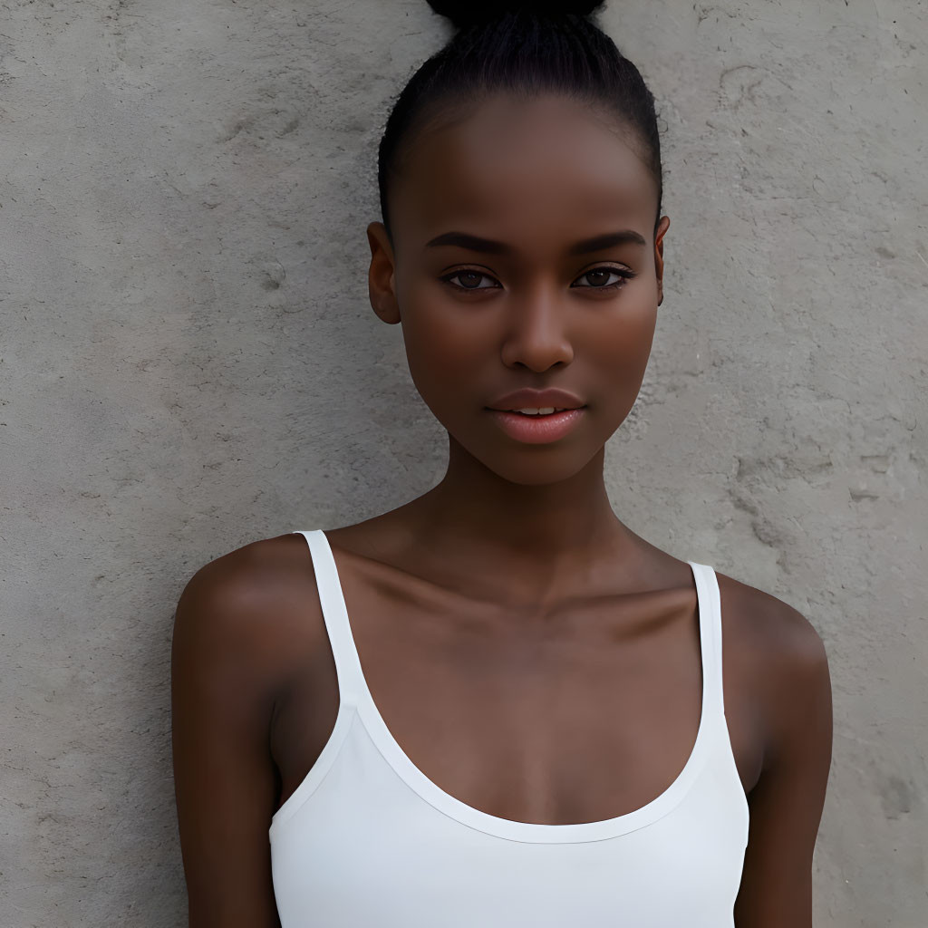 Dark-skinned woman in white tank top against grey wall