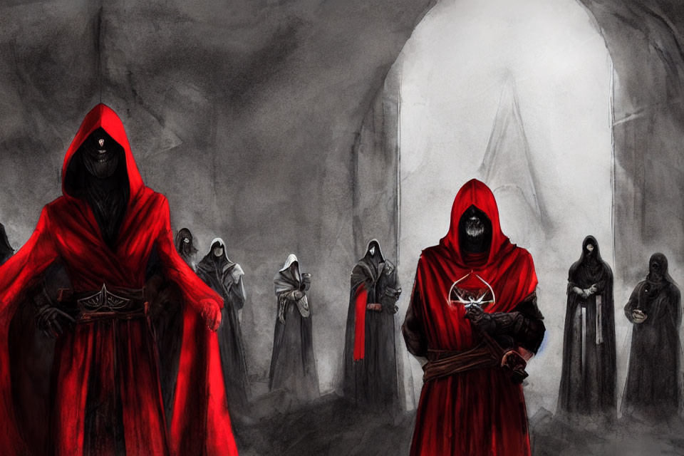 Group of Figures in Red and Black Cloaks in Dimly Lit Cave Setting