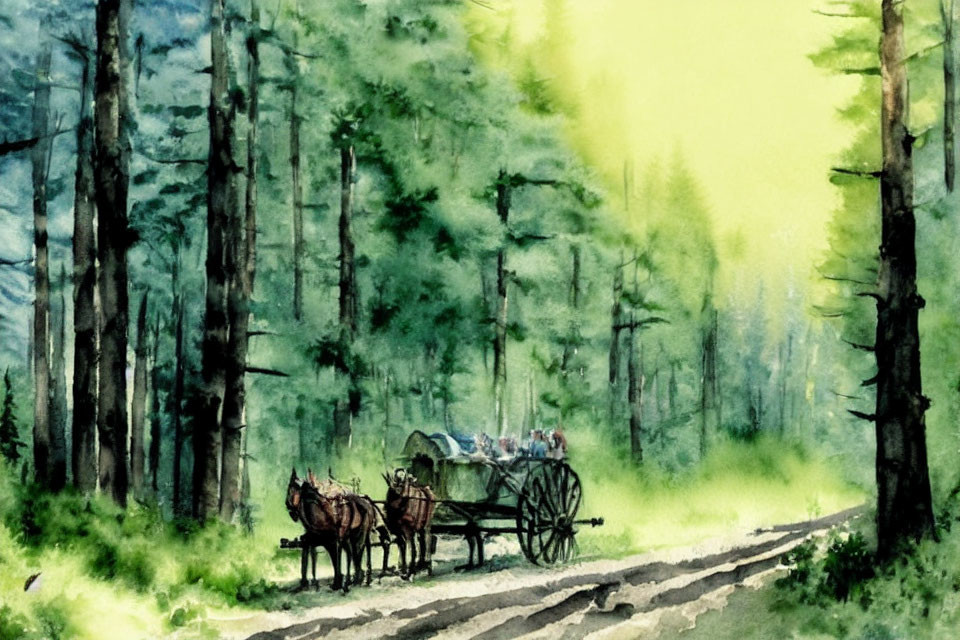 Horse-drawn carriage in forest with sunlight through trees