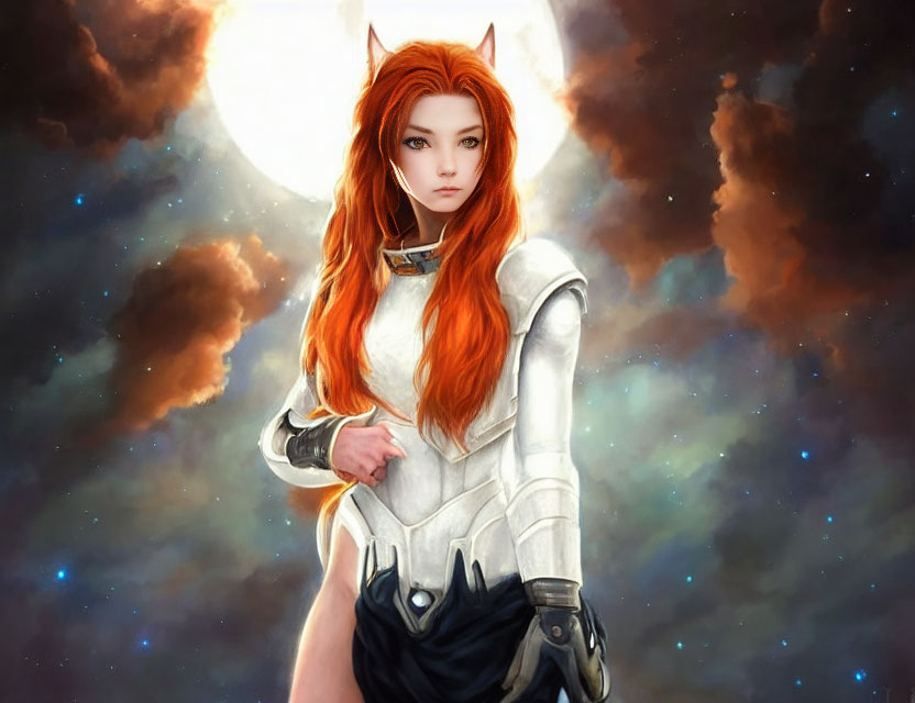 Futuristic digital art: Female humanoid with fox ears in white armor against cosmic backdrop