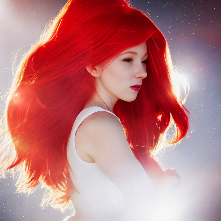 Profile of woman with vibrant red hair against luminous bokeh background