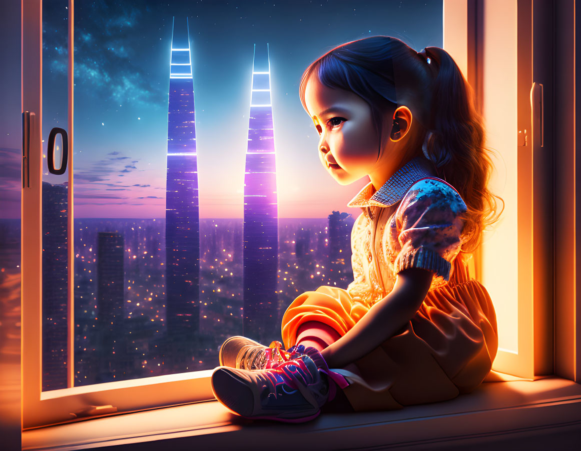 Child on Windowsill Looking at Futuristic Cityscape at Twilight