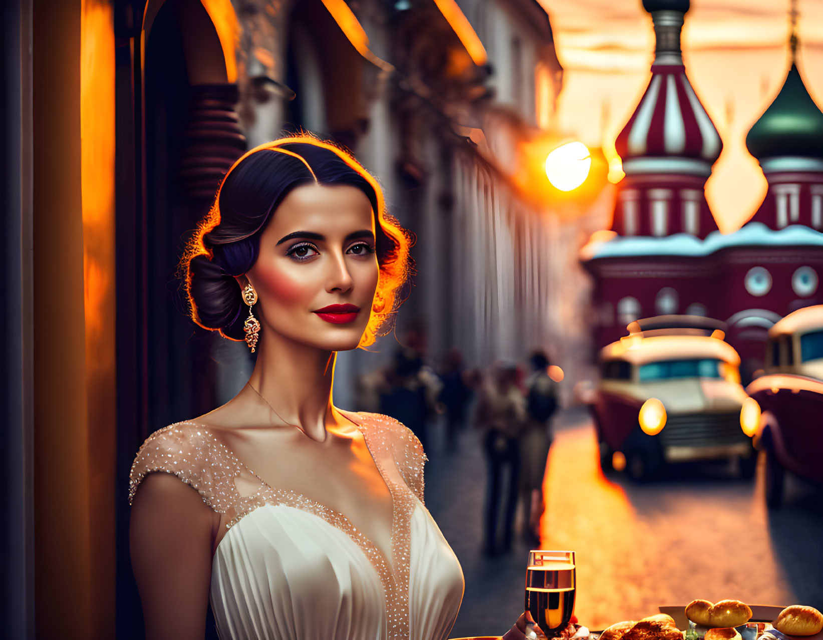 Classic Hairstyle Woman in White Dress at Table with Drink in Historical City Setting