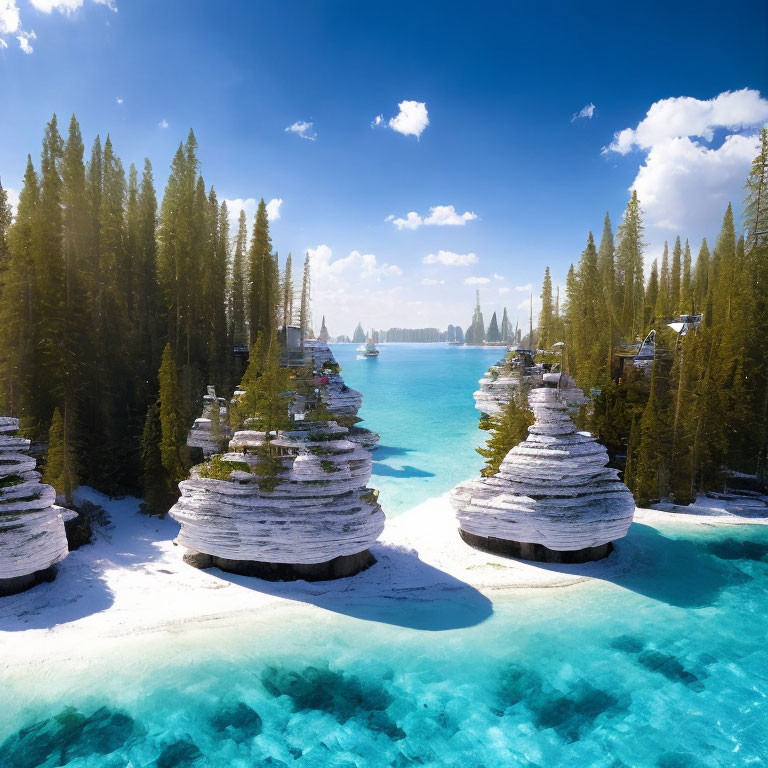 Turquoise Water Landscape with Pine Trees and Rock Foundations