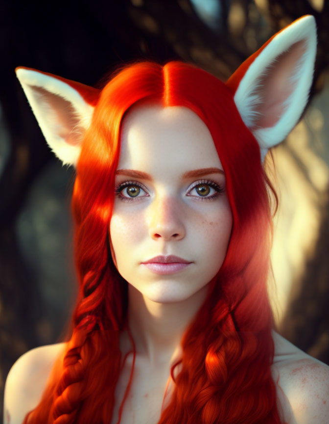 Red-haired woman with fox-like ears in natural setting