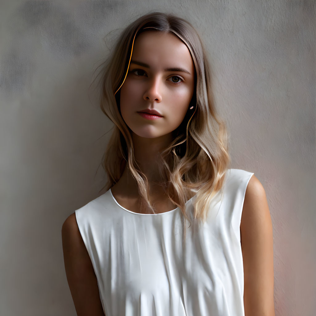 Blond woman in white top with contemplative expression