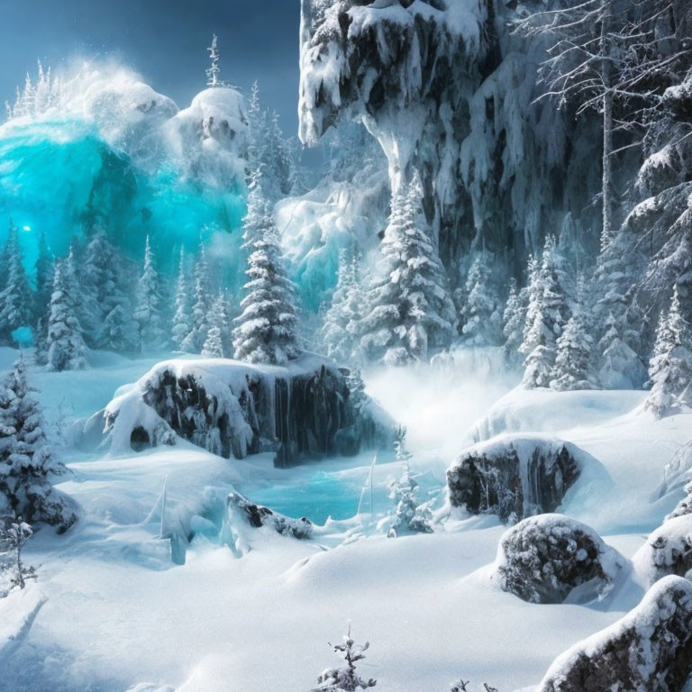 Snow-covered trees, icy waterfall, and ethereal blue glow in magical winter scene