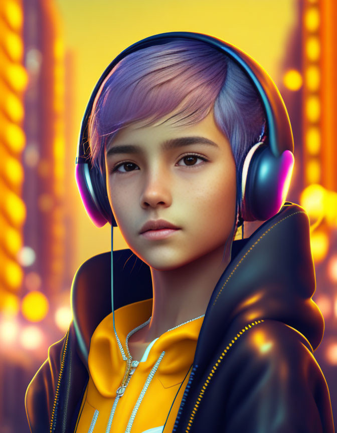 Purple-haired person in yellow hoodie with headphones against cityscape at sunset