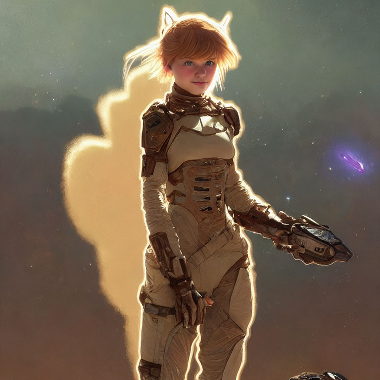 Futuristic female character in illuminated spacesuit with cat-like halo