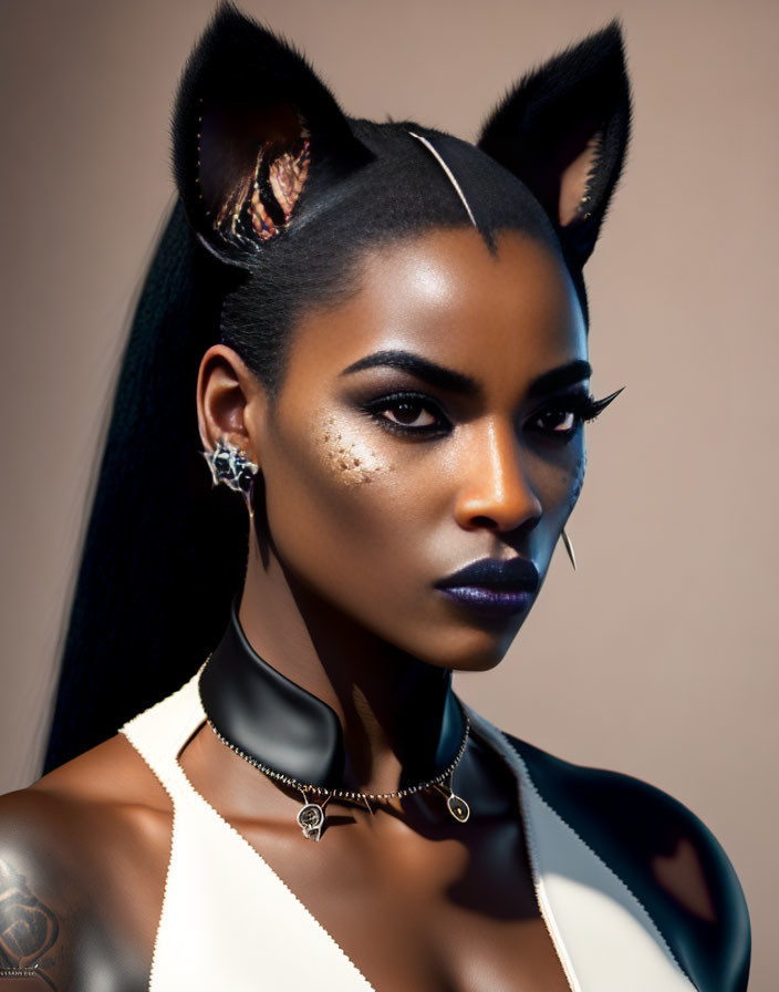 Woman with Cat-Like Makeup and Ears, Striking Eyes, Sleek Hairstyle, and