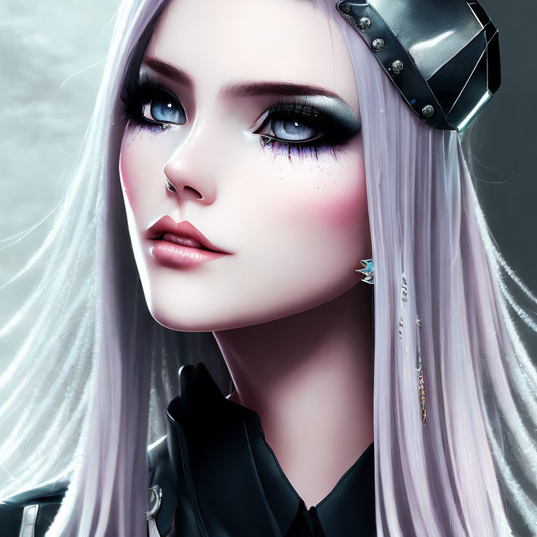 3D illustration of female character with purple eyes, white hair, black beret, and gloves
