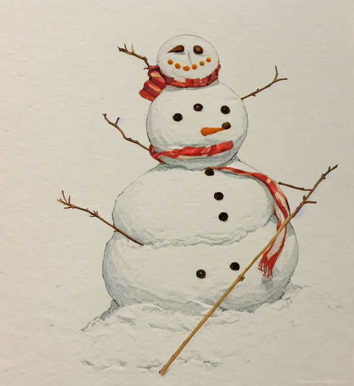 Cheerful snowman watercolor painting with red-striped scarf and carrot nose