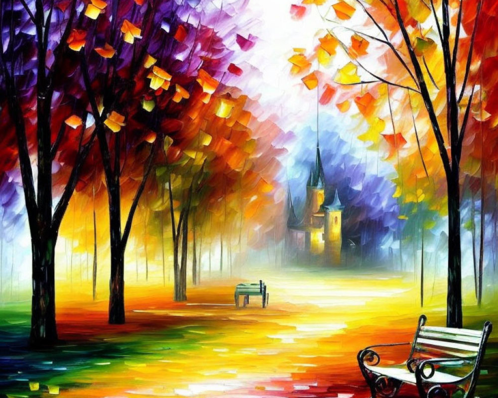 Vibrant Autumn Park Painting with Reflective Path