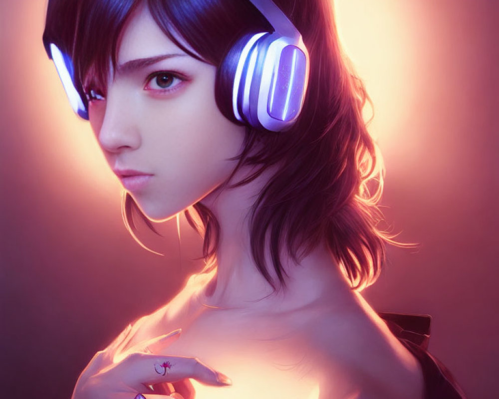 Digital artwork of woman with glowing headphones in neon lights, dark hair, and contemplative expression on warm