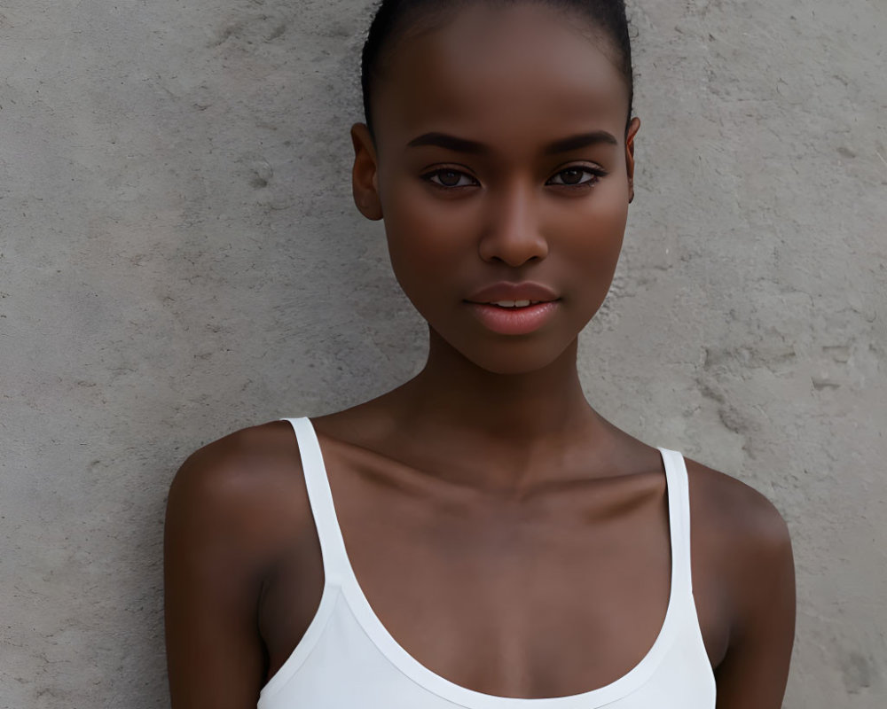 Dark-skinned woman in white tank top against grey wall