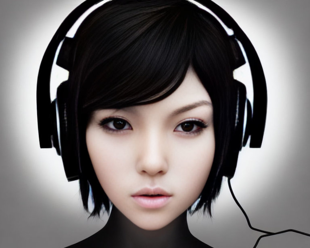 Digital Artwork of Female with Short Black Hair and Black Headphones on Grey Background