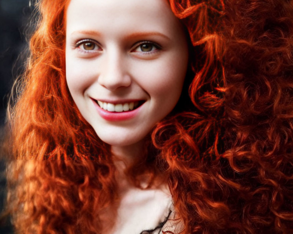 Red-haired woman smiling against blurred background.